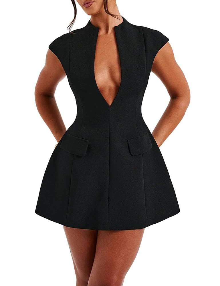 LuFeng Women's Summer Sexy Cap Sleeve Deep V Neck Zipper A-line Mini Dress Hollow Bodycon Night O... | Amazon (US)