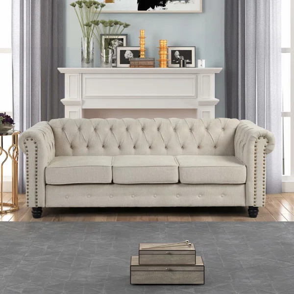 Gilles 82'' Linen Rolled Arm Chesterfield Sofa | Wayfair North America