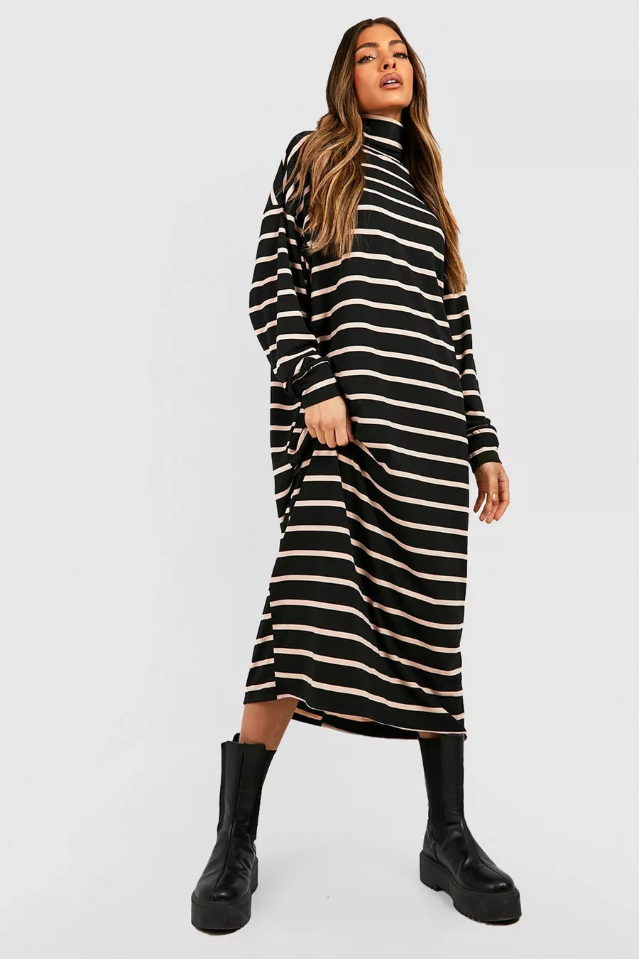 Jersey Knit Stripe Turtleneck Midi Dress | Boohoo.com (US & CA)