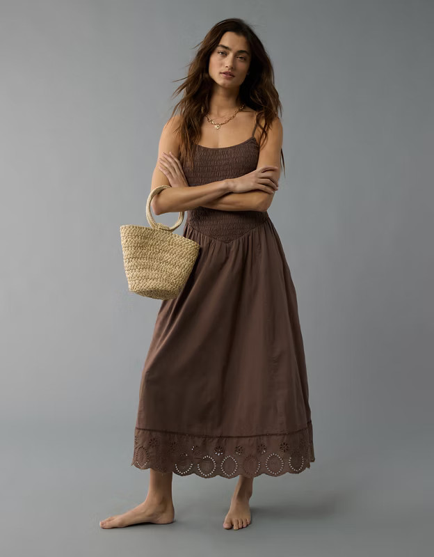 AE Bella Smocked Drop Waist Midi Dress | American Eagle Outfitters (US & CA)