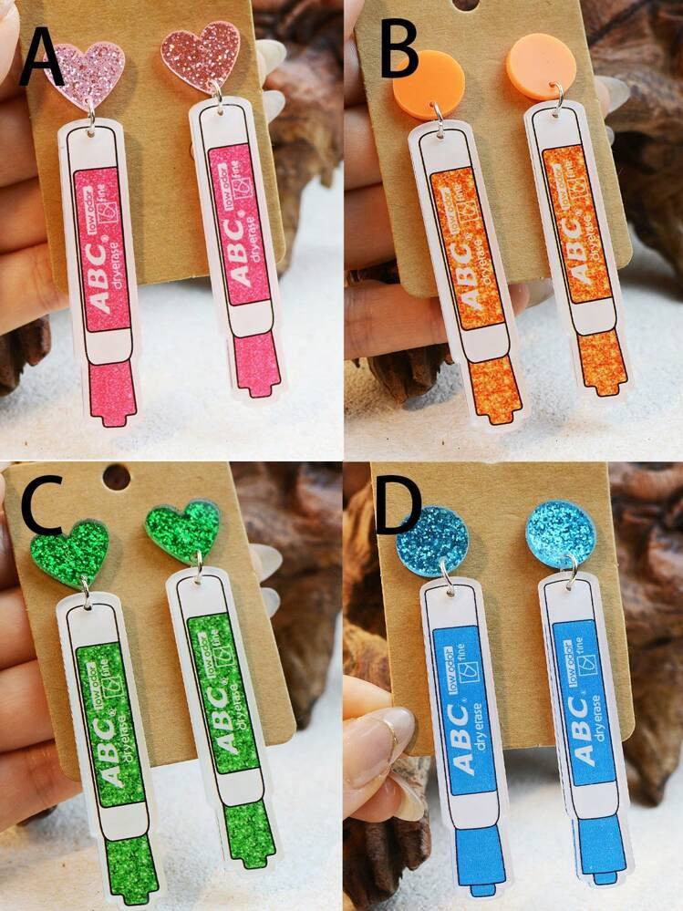 1 Pair Lightweight Acrylic Earrings With ABC School Graduation Opening Season Double-Sided Printed Pens Design For Women | SHEIN