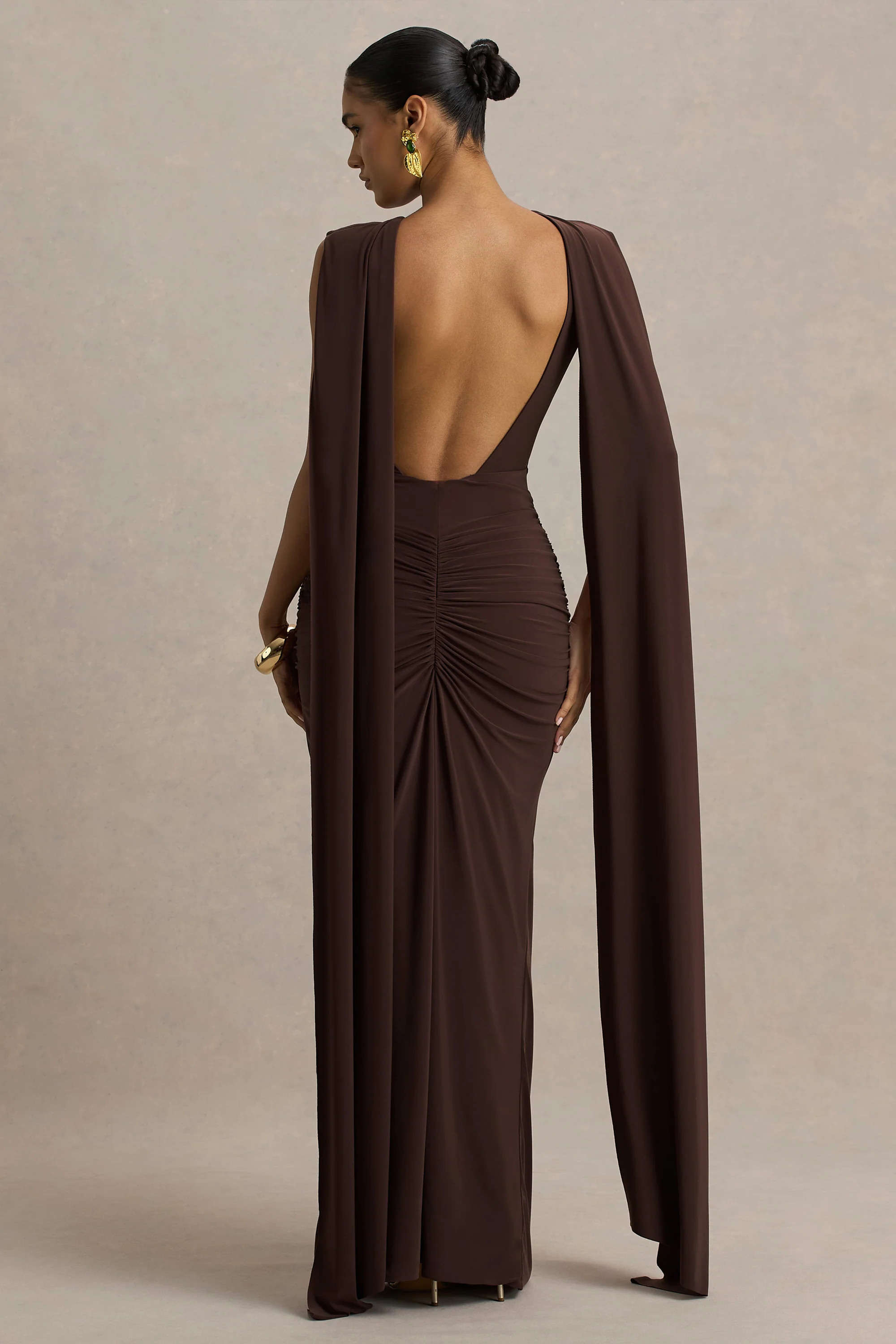Premiere  Brown Boat-Neck Maxi Dress With Cape Sleeves And Open-Back | Club L London