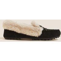 Womens M&S Collection Suede Faux Fur Cuff Moccasin Slippers - Black, Black | Marks and Spencer AU/NZ