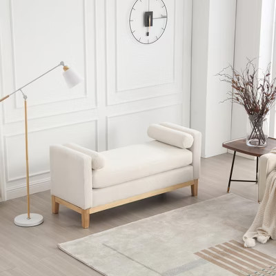 Boucle Upholstered Bench, Ottoman Bench with Wood Legs & Bolster Pillows For End Of Bed, Bedroom, Living Room, Entryway Ivory | Target
