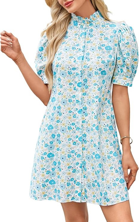 Ladyful Shift Dress for Women Puff Short Sleeve Ruffle Neck Mini Dresses Floral Button Down Short... | Amazon (US)