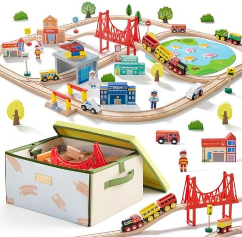 Tiny Land 110pcs Wooden Train Set with Folding Storage Box, Wooden Train Track Toy for Boys & Gir... | Amazon (US)