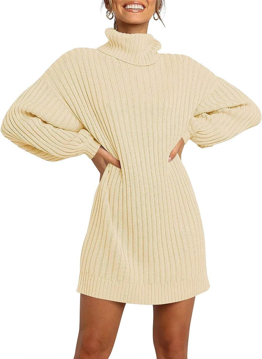 ANRABESS Women Turtleneck Long Lantern Sleeve Casual Loose Oversized Sweater Dress Soft Winter Pu... | Amazon (US)