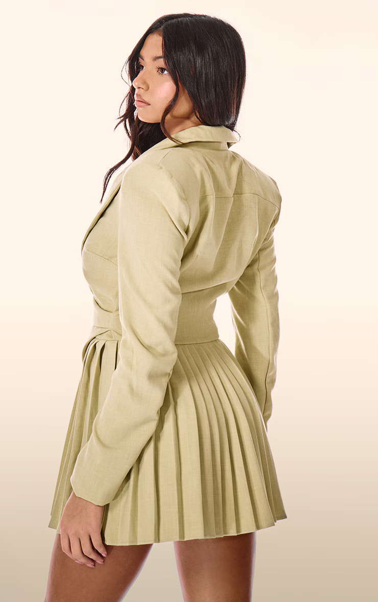 PLT Label Chartreuse Asymmetric Pleated Blazer Dress | PrettyLittleThing US