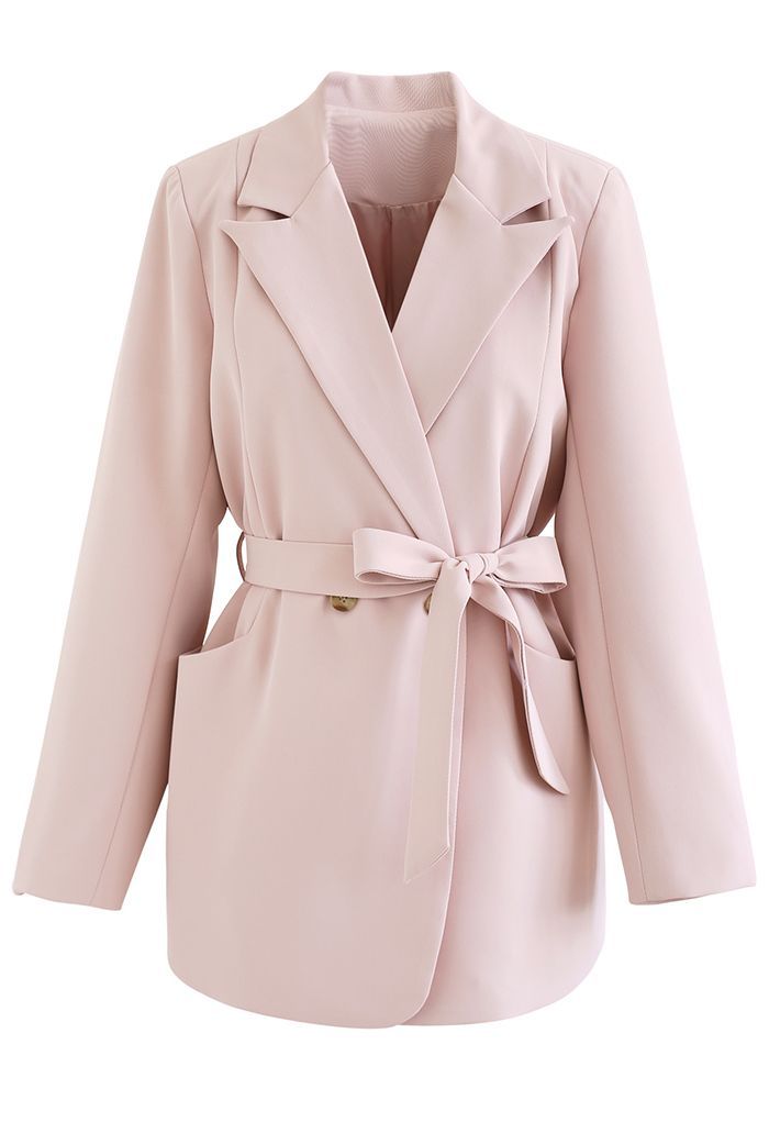 Gentle Tie-Waist Front Pocket Buttoned Blazer in Pink | Chicwish