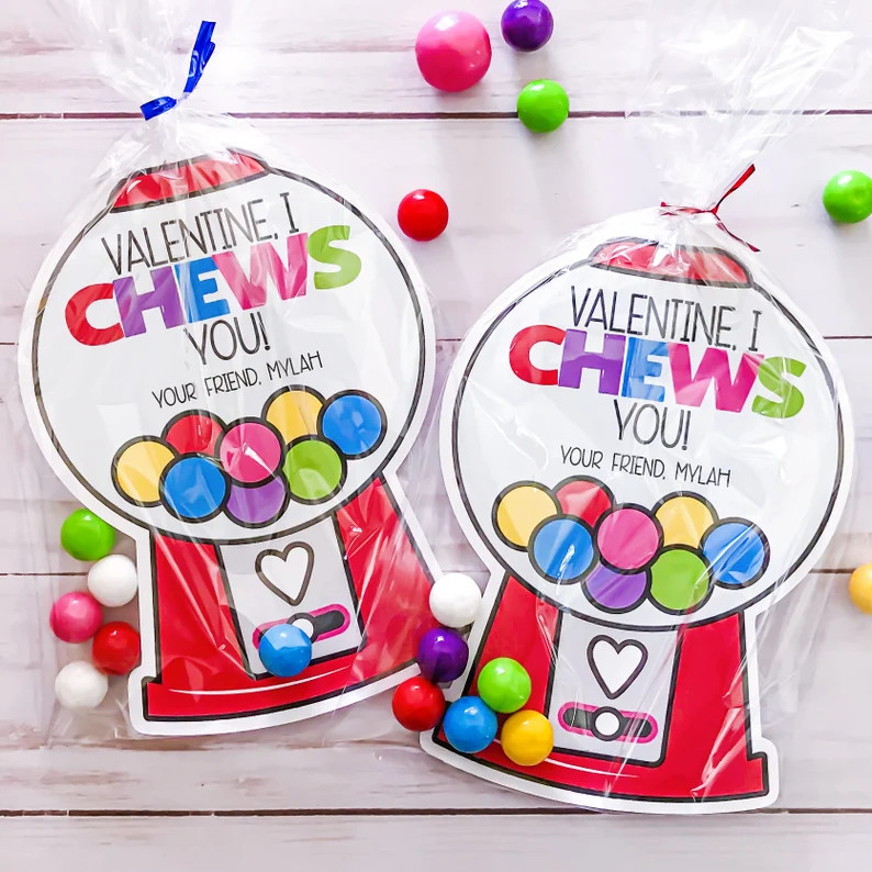 Gumball Machine Kids Valentines Cards, I Chews You Valentine's Day Card, Boy Girl Valentine, Gum ... | Etsy (US)