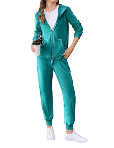 HOTOUCH Womens Active Wear Hoodies Outfits Velvet Sports Wear Jogging Velour Track Suit Malachite Green, X-Large | Amazon (US)