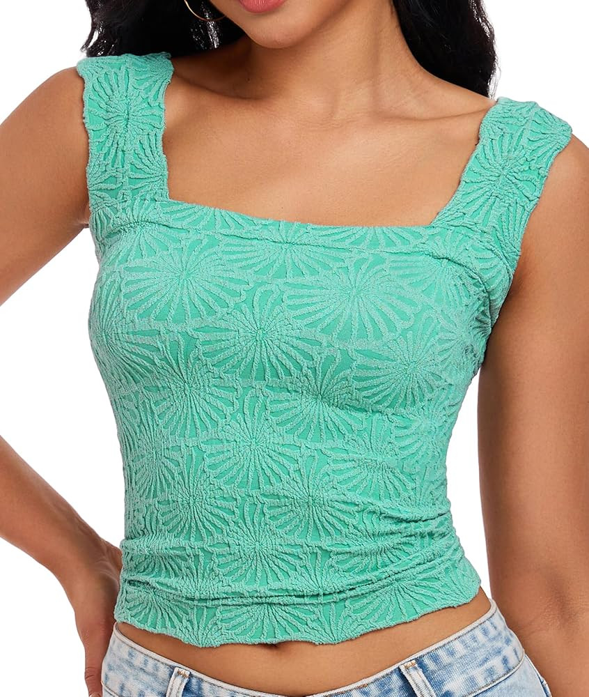 Women's Square Neck Wide Strap Crop Tank Tops Flower Going Out Tops Slim Fit Lettuce Trim Crop Ca... | Amazon (US)