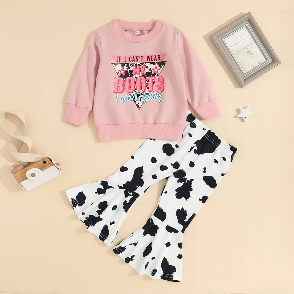 Toddler Baby Girl Western Outfit Letter Print Sweatshirt Top Cow Printed Flare Pants Set 2PCS Fall W | Amazon (US)