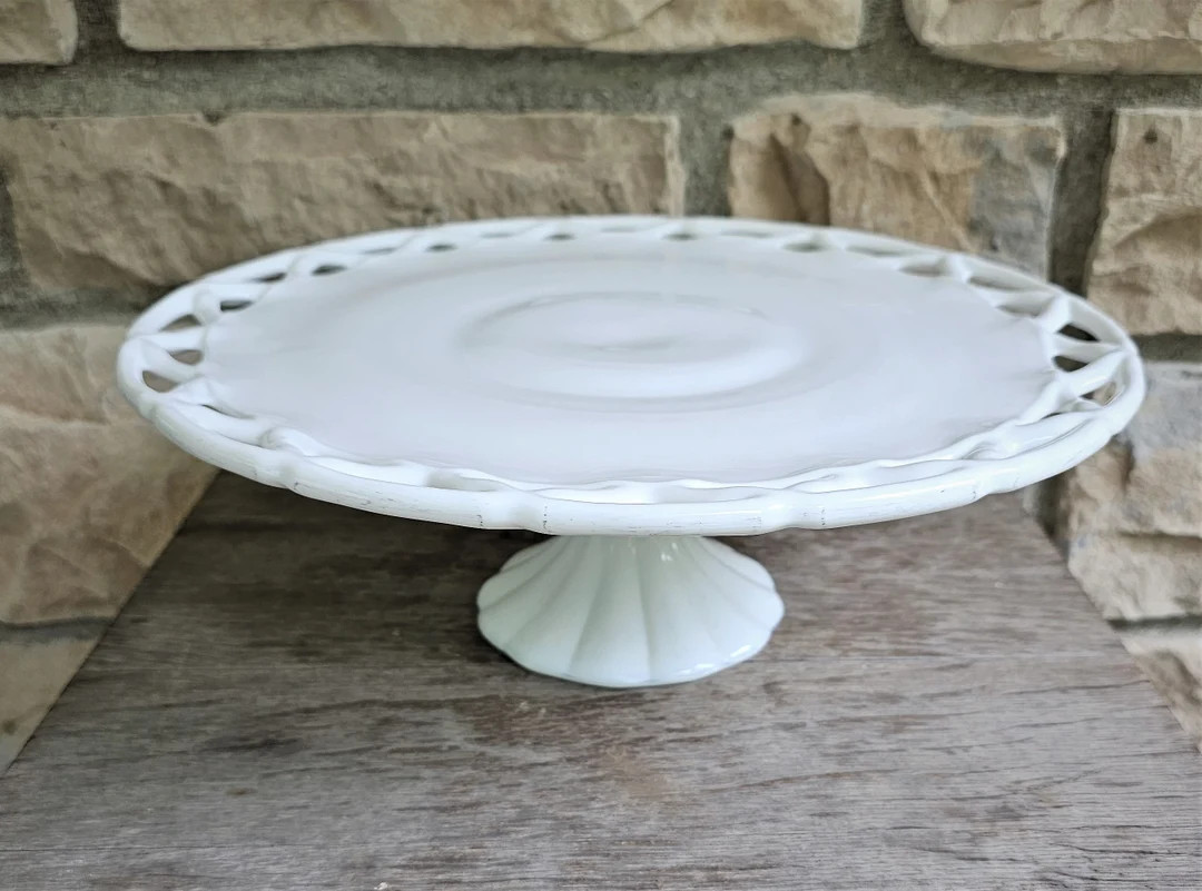 VINTAGE Open Lace Edge Milk Glass Cake Stand Pedestal Plate LARGE Pitman Dreitzer Colony Farmhous... | Etsy (US)