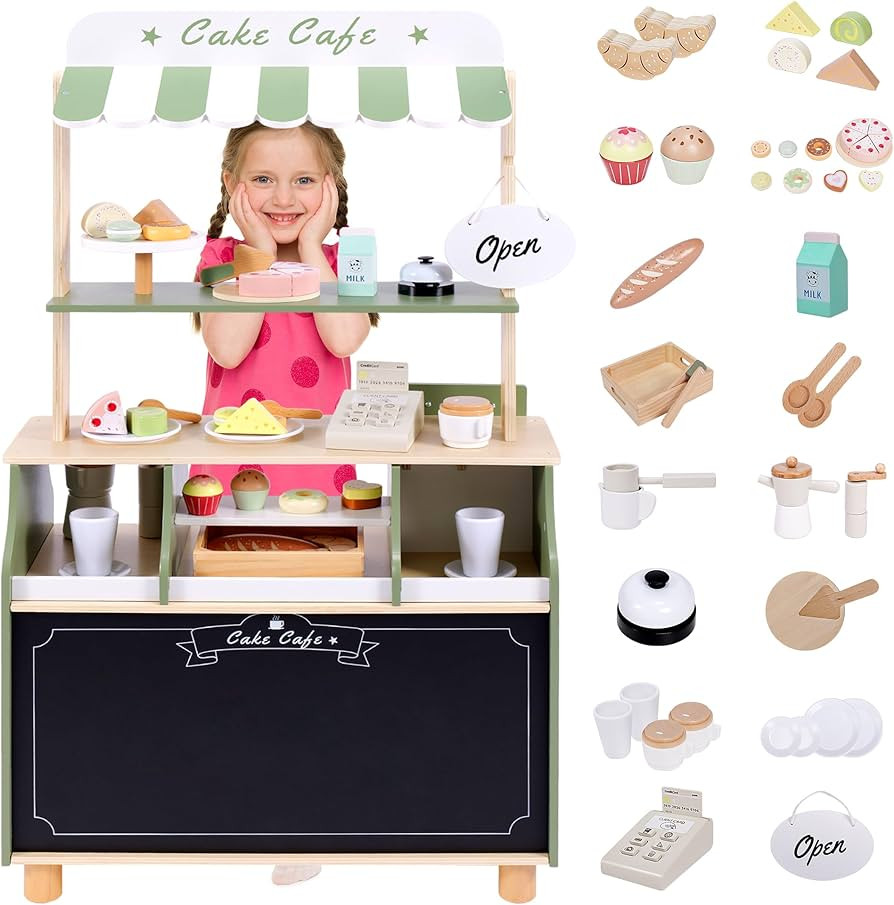 Wooden Coffee Shop Play Set, Pretend Grocery Store, Realistic Bakery Shop Sessert Stand with Toy ... | Amazon (US)