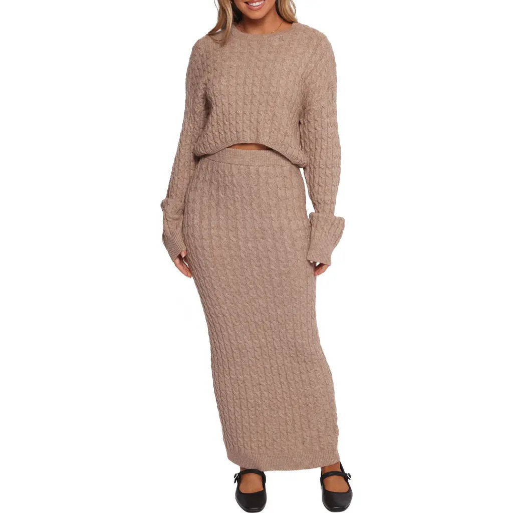 Petal & Pup Reid Cable Knit Crop Sweater & Maxi Skirt Set in Taupe at Nordstrom, Size Small | Nordstrom
