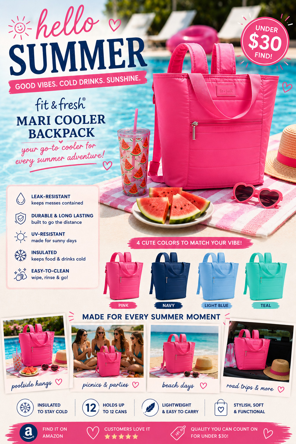 The cutest insulated cooler backpack on Amazon is linked in my LTK shop — and it's under $30. 🔗🩷 The Fit & Fresh Mari Cooler Backpack in pink is everything I've been looking for in a summer cooler bag. It holds 12 cans, is fully insulated and leakproof (so no drips, no melted mess), and doubles as a lunch tote, beach cooler, AND travel picnic bag all in one. The pink colorway is so cute and feminine — it photographs beautifully at the beach, at a picnic, or on any summer adventure. The backpack style is a total game-changer compared to a regular tote cooler — hands completely free, weight evenly distributed, and it fits way more than you'd expect. At under $30 on Amazon this is one of those rare finds that's adorable AND incredibly functional. Tap my LTK link to grab yours before summer is over! ☀️💕

#LTKfindsunder50 #LTKstyletip #LTKswim #CoolerBackpack #FitAndFresh #PinkCoolerBag #BeachCooler #AmazonFinds #InsulatedBackpack #LTKSeasonal 

 #LTKHome #LTKSwim #LTKTravel