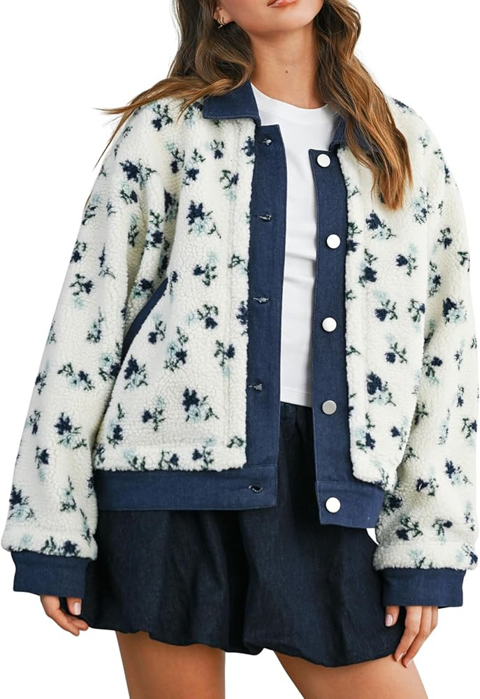 Women's Floral Sherpa Jacket Open Front Denim Collar Fleece Jackets Oversized Outerwear with Pock... | Amazon (US)