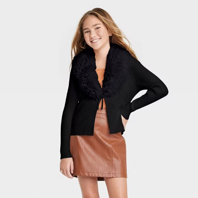 Girls' Fur Collar Cardigan Sweater - art class™ | Target