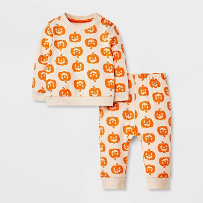 Baby 2pc Halloween Pumpkin French Terry Sweatshirt & Jogger Pants Set - Cat & Jack™ Cream Newborn | Target