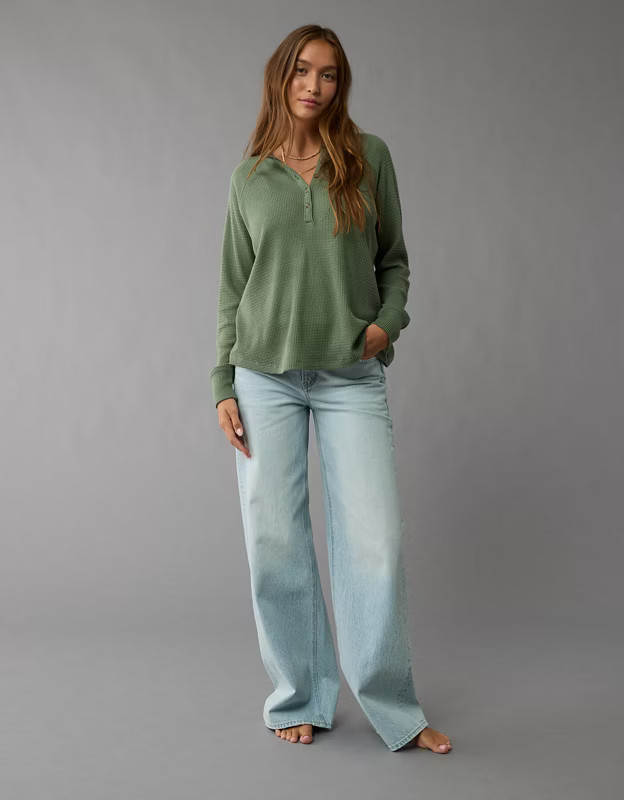 AE Long-Sleeve Oversized Henley T-Shirt | American Eagle Outfitters (US & CA)