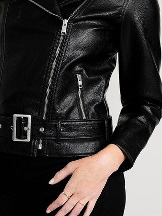 Faux-Leather Belted Biker Jacket for Women | Old Navy (CA)