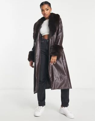 New Look leather look trench coat with faux fur collar and cuff detail in brown | ASOS (Global)