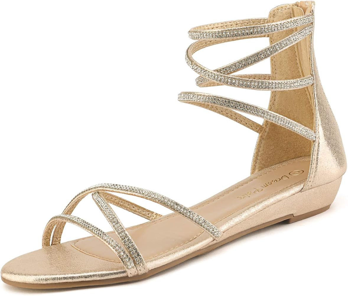 DREAM PAIRS Women's Ankle Strap Rhinestones Low Wedge Sandals | Amazon (US)