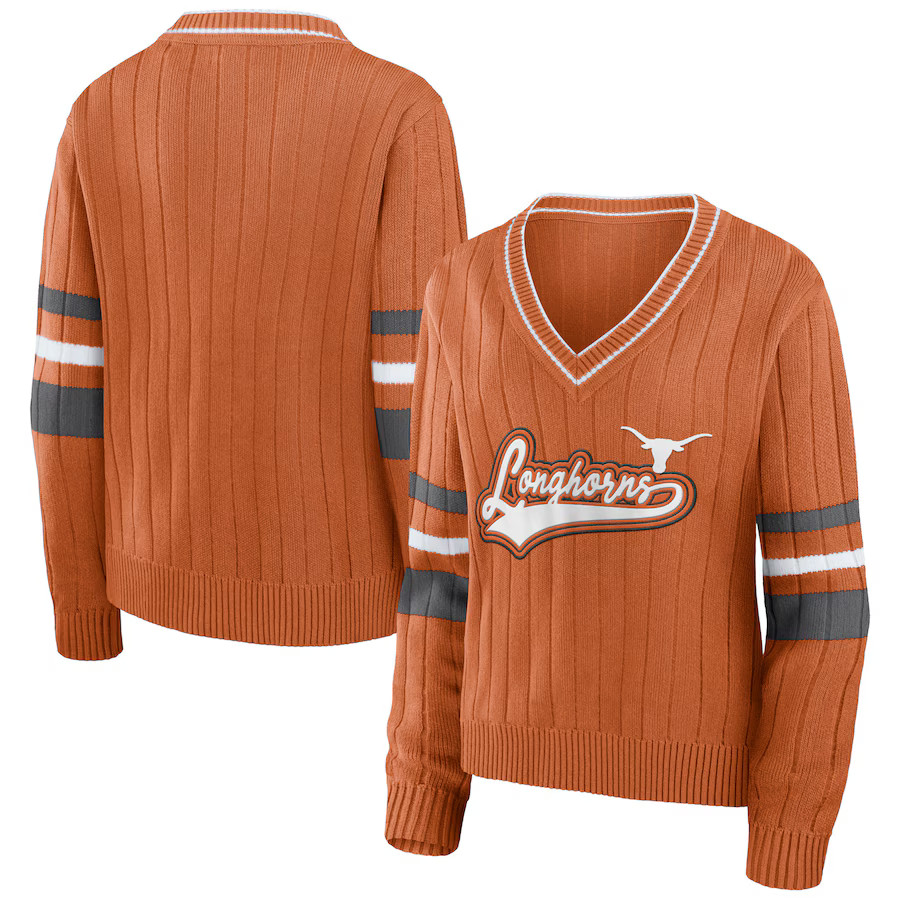 Texas Longhorns WEAR by Erin Andrews Women's Script Sleeve Stripe V-Neck Pullover Sweater - Orang... | Fanatics