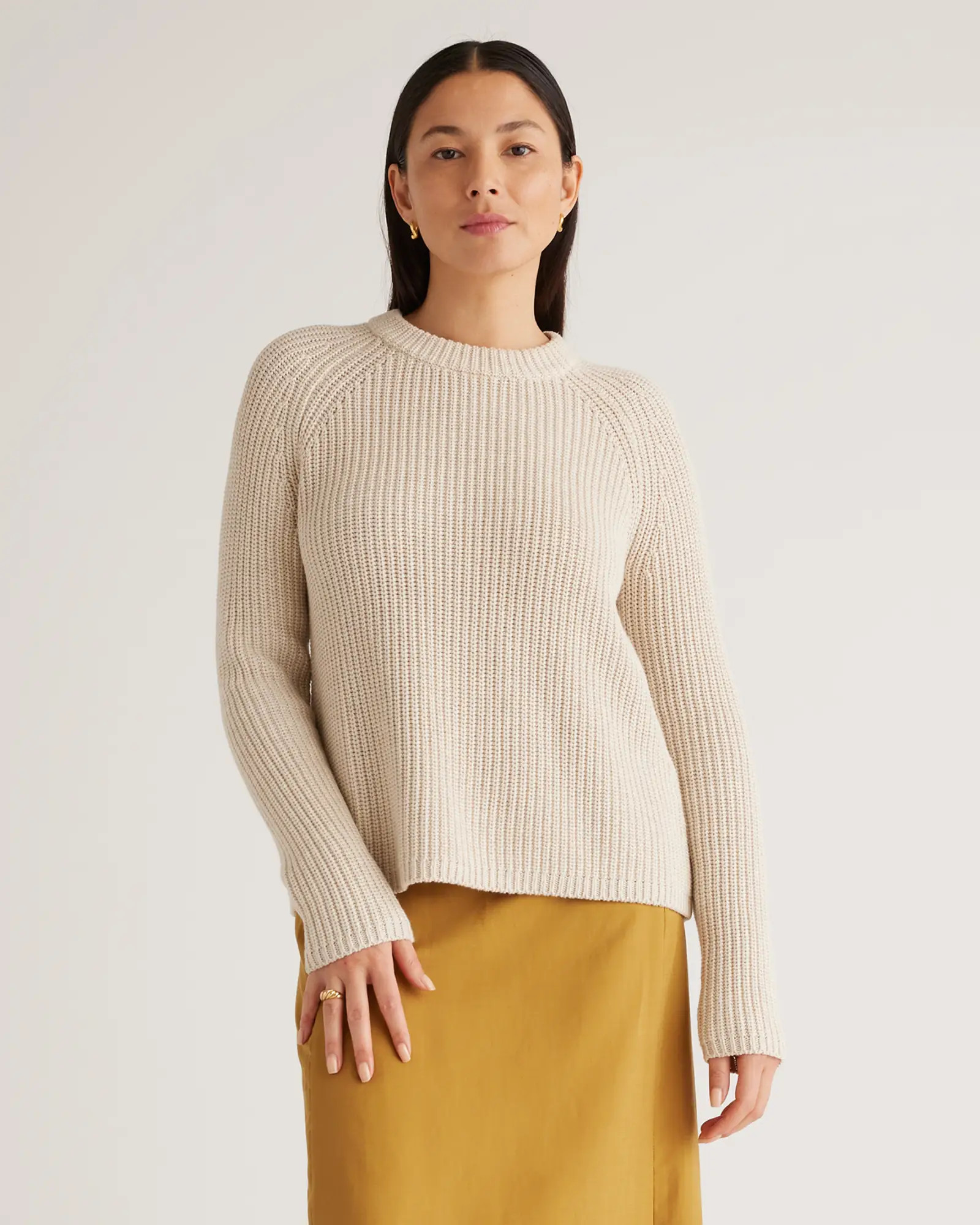 Women's 100% Organic Cotton Fisherman Crew Sweater in Speckled Beige | Quince