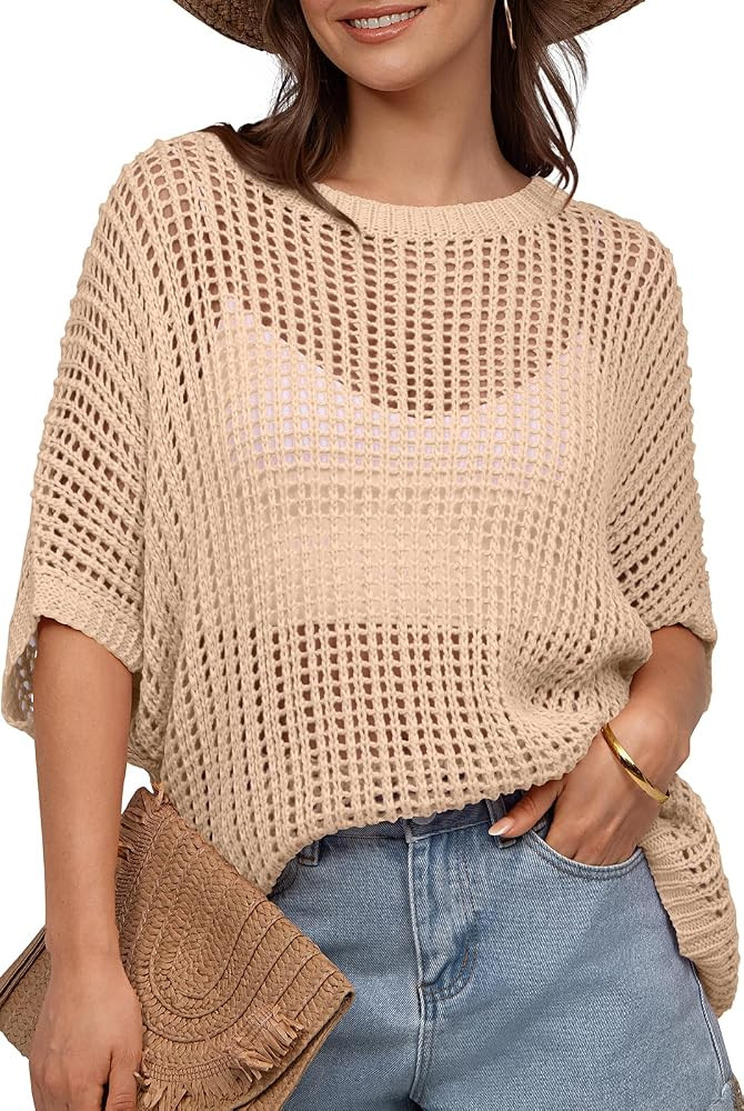 UEU Womens Summer Tops Crochet Short Sleeve Mesh Knit Sweater Shirts Beach Swimsuit Swim Cover Up... | Amazon (US)