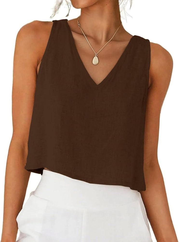 Womens Linen Crop Tops Spring Summer Casual Loose V Neck Sleeveless Blouses Tank Top Shirts | Amazon (US)