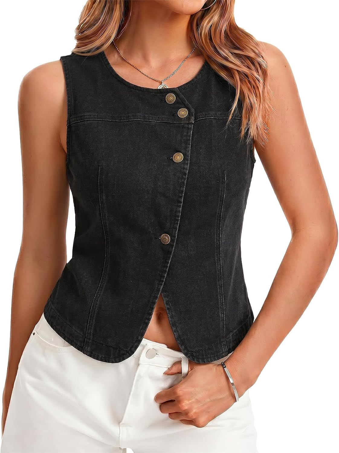 Jean Vest Top for Women Sleeveless Fitted Button Down Demin Tops Crewneck Trendy Casual Summer Waistcoat | Amazon (US)