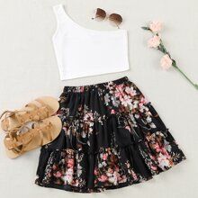 One Shoulder Ribbed Top & Floral Layered Skirt | SHEIN