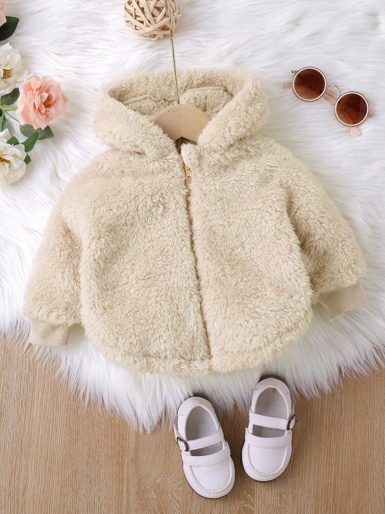 Baby Teddy Mantel mit Reißverschluss, 3D Ohr Design, Kapuze | SHEIN