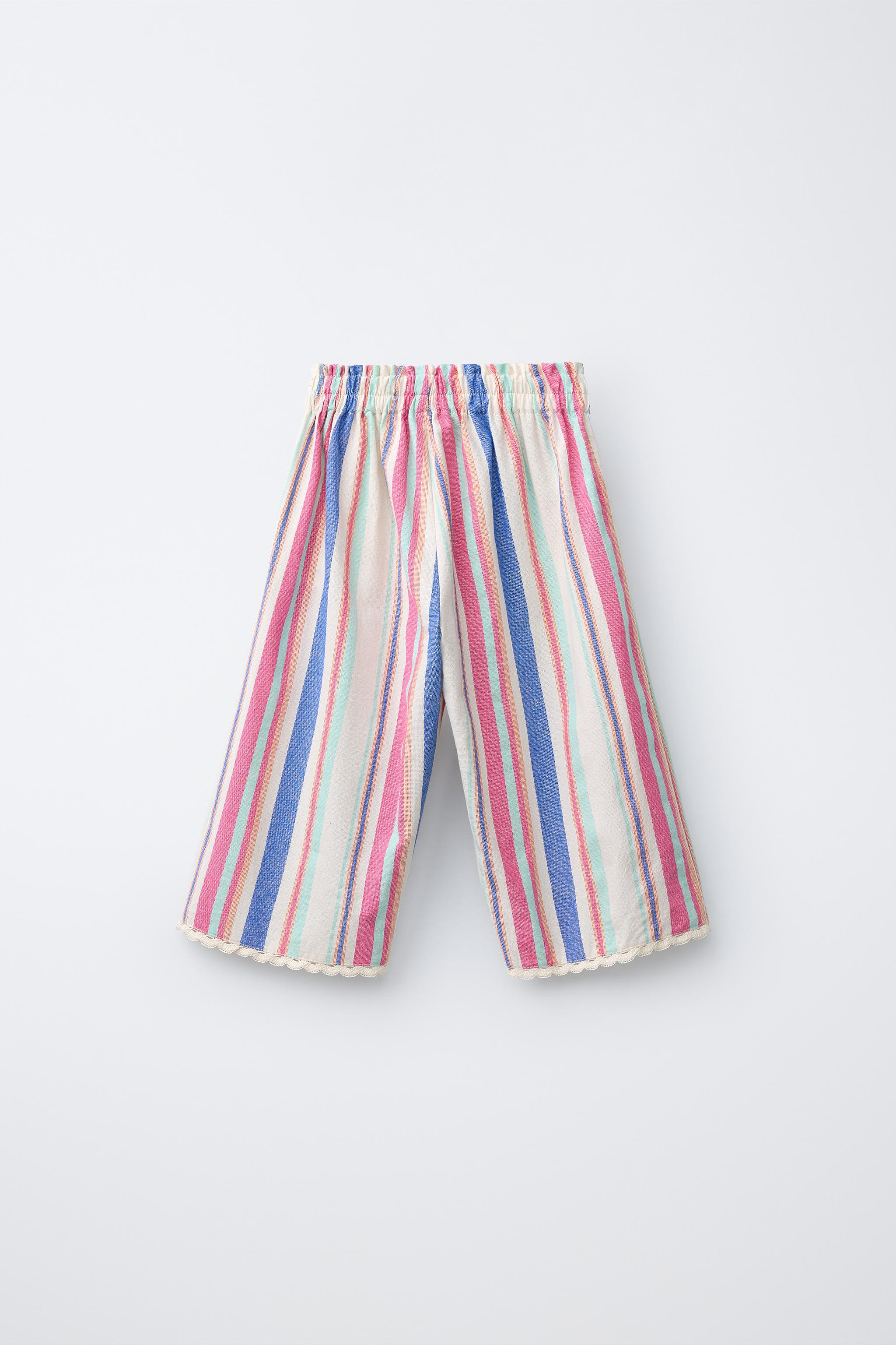 Wide leg pants with elastic waistband. Striped print and lace trim hem. | Zara US