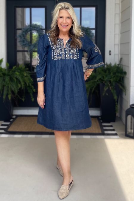 Love, LOVE this boutique dress! The denim and embroidery make this dress such a beauty! I’m wearing a size M. I’m 5’6 
159 lbs 

#LTKBeauty #LTKMidsize #LTKOver40
