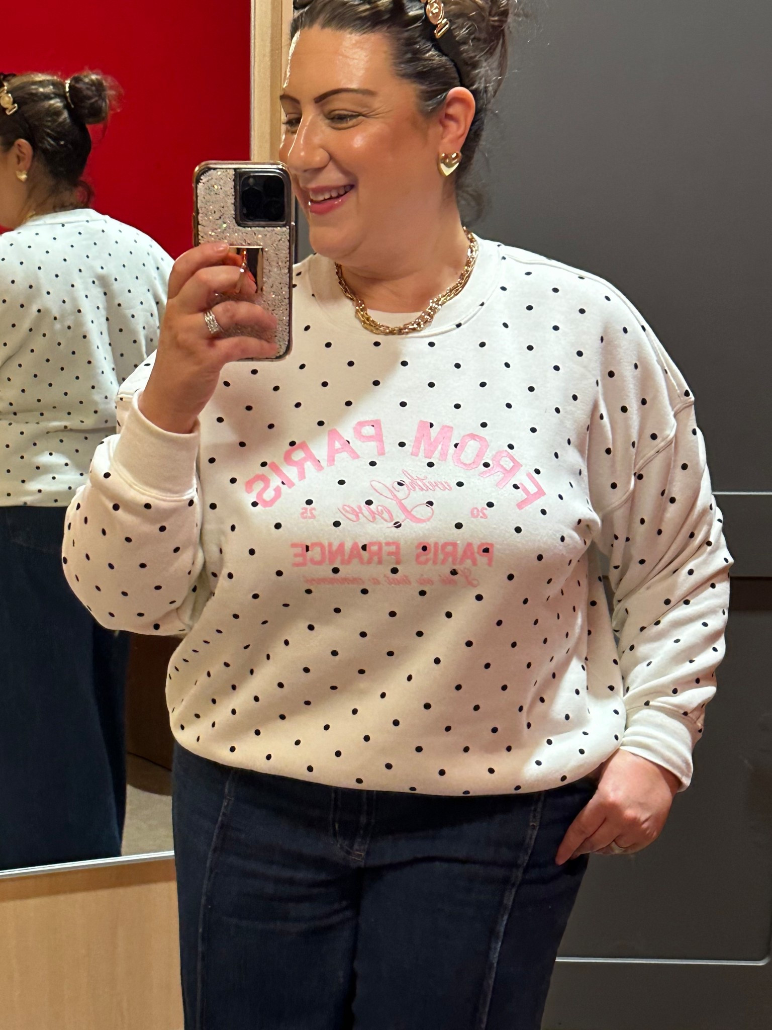 “Avoir le coup de foudre" translation :
To fall in love at first sight ❤️ 

Paris in the winter “ We “

For ref. I’m 5’4 & a size 16-18 (215pds). In this fleece graphic pullover sweatshirt I’m wearing a size L & a size & in the cute wide leg denim pants with the cute lines up the front I’m also wearing a L. 

However, I do want to mention that the jeans are a light weight denim almost like slacks and they do fit snug at the hips but have a perfect elastic waist and then widen up for a loose fit going down the legs to bell out. 

If you are not a pear shape like me and are more of an apple body type or have an apron belly you may want to stick to true to size or size up one.

The pants do an excellent job at balancing the body proportions and they are very comfy too.

Comment “ Paris “ for the 🔗 or ✅ my LTK @StylingCurves for this outfit and some other cute Valentines Day inspired things I found on the same shopping trip ❤️

#plussizrfashion #plussizestyle #winteroutfitinspo #cozyputfits #comfortableootd #cozyootd #over50style #over50fashion #over40style #over40fashion #parissweatshirt #frenchstyle #plussizejeans #midsizestyle #midsizefashion #midsize #plussize 
#plussizesweatshirt #pinkparis #size12 #size10 #size14 #size16 #size18 #size20 #pearshape #rectangleshape #appleshape #hourglassshape #lovethemeootd #valentinesoutfit #valentinesday 

#LTKTravel #LTKMidsize #LTKPlusSize