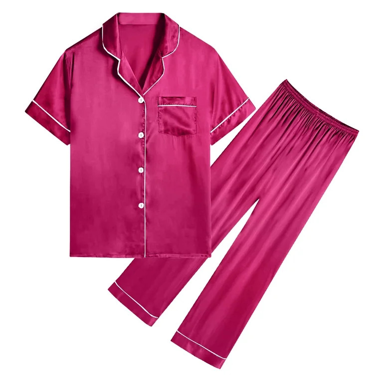 DAKIMOE Silk Satin Pajamas Set for Women Two-Piece Short Sleeve Shirt with Long Pajama Pant Set S... | Walmart (US)
