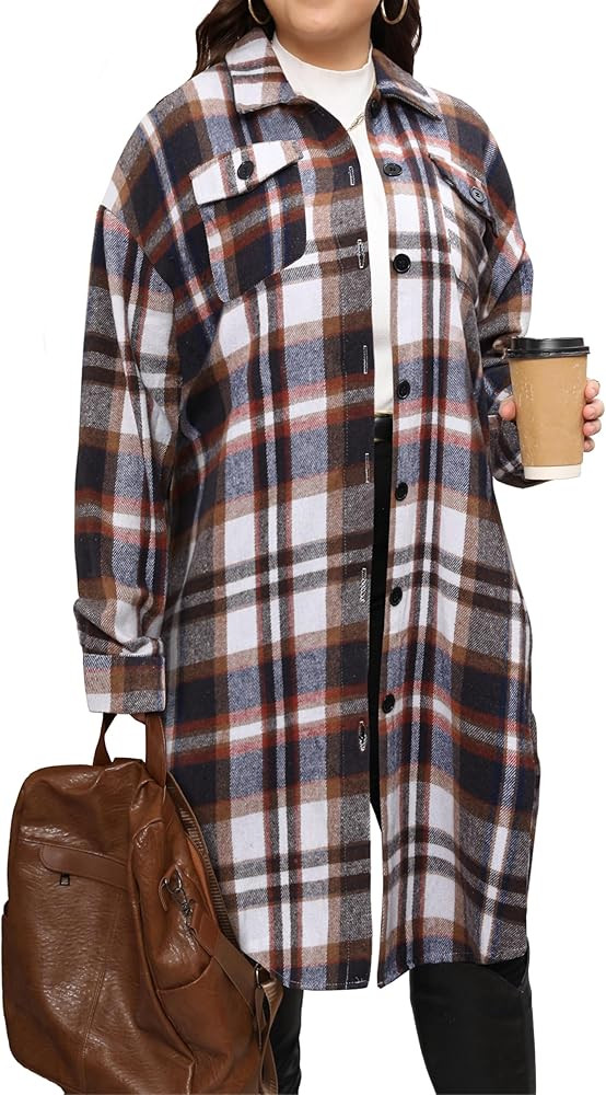 Women's Plus Size Plaid Flannel Shacket Long Shirts Jacket Tartan Boyfriend Oversized Coat Fall C... | Amazon (US)