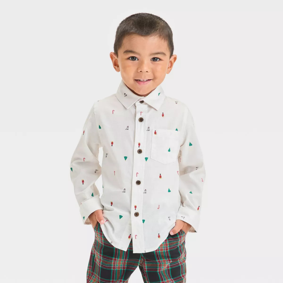 Toddler Boys' Christmas Printed Long Sleeve Stretch Button-Down Shirt - Cat & Jack™ Cream | Target
