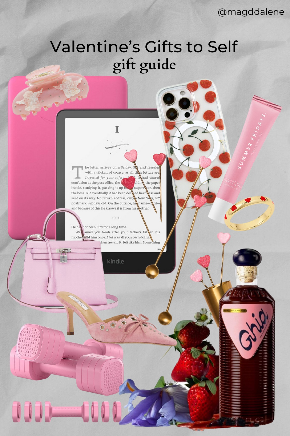 Got to show yourself some love on Valentine’s Day with a gift to self. All pink, good for your mind and body and feeling love. 
Gia is a non alcoholic beverage and just imagine how cute it would look in a nice glass and a heart cocktail stirrer. So elevated. You could just put your hair up with this detailed Cupid clip (I’m fainting) and read your pink kindle under a blanket. I’m obsessed. 
Or if you are planning to go out, you will probably end up wearing a red dress or red nails. The cherry phone case will match it perfectly. 😍

#LTKStyleTip #LTKFitness #LTKGiftGuide