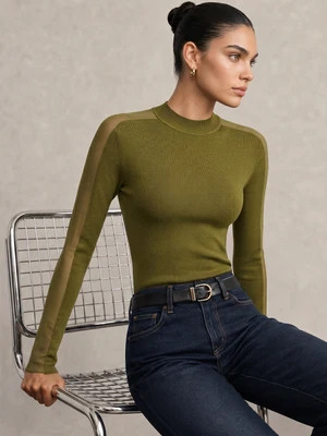 Mock Neck Sheer Panel Slim Knit Top | Commense