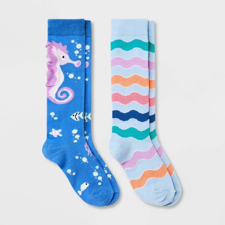 Girls' 2pk Seahorse Knee High Socks - Cat & Jack™ Blue | Target