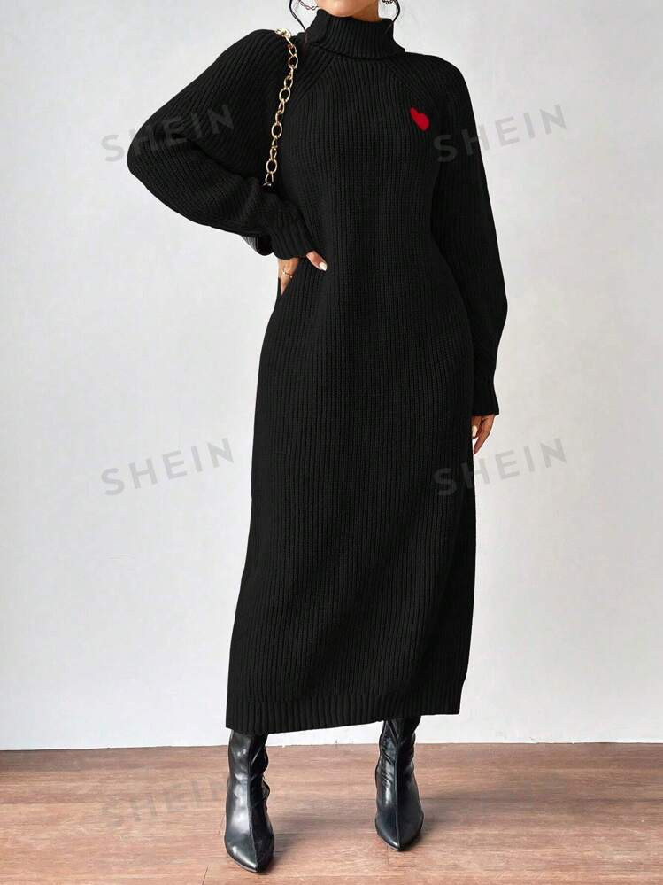 TrendsSHEIN Clasi Heart Embroidered Collared Long Sleeve Knitted Sweater Dress, Elegant Work Wear | SHEIN