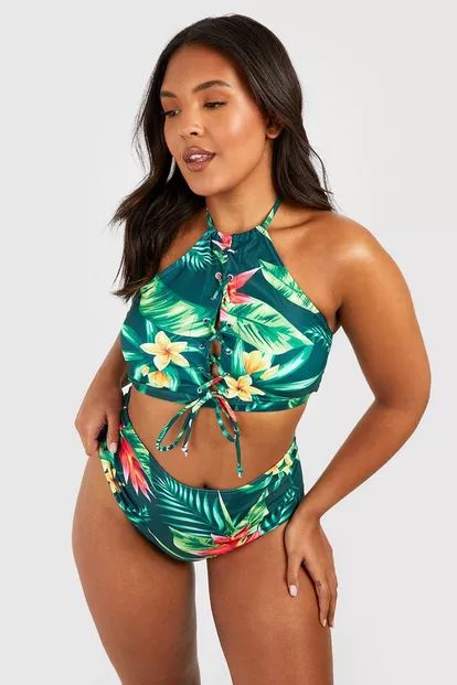 Plus Tropical Print Lace Up High Waist Bikini | Boohoo.com (UK & IE)
