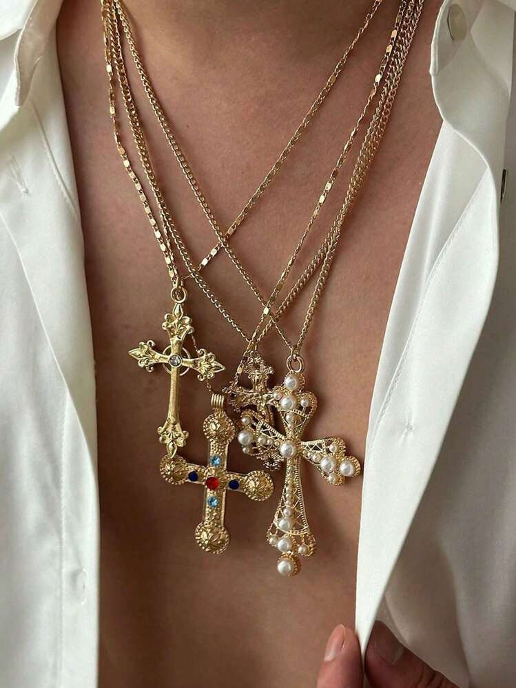 4pcs Fashionable & Unique Cross Pendant Necklace, Layered Pearl Long Chain Choker Necklace, Suitable For Father's Day & Mother's Day | SHEIN