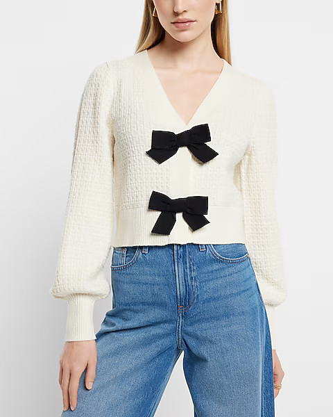 V-neck Bow Button Front Cardigan | Express
