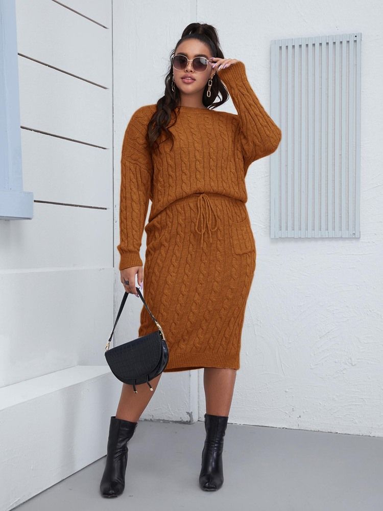 Plus Cable Knit Sweater & Drawstring Knit Skirt | SHEIN