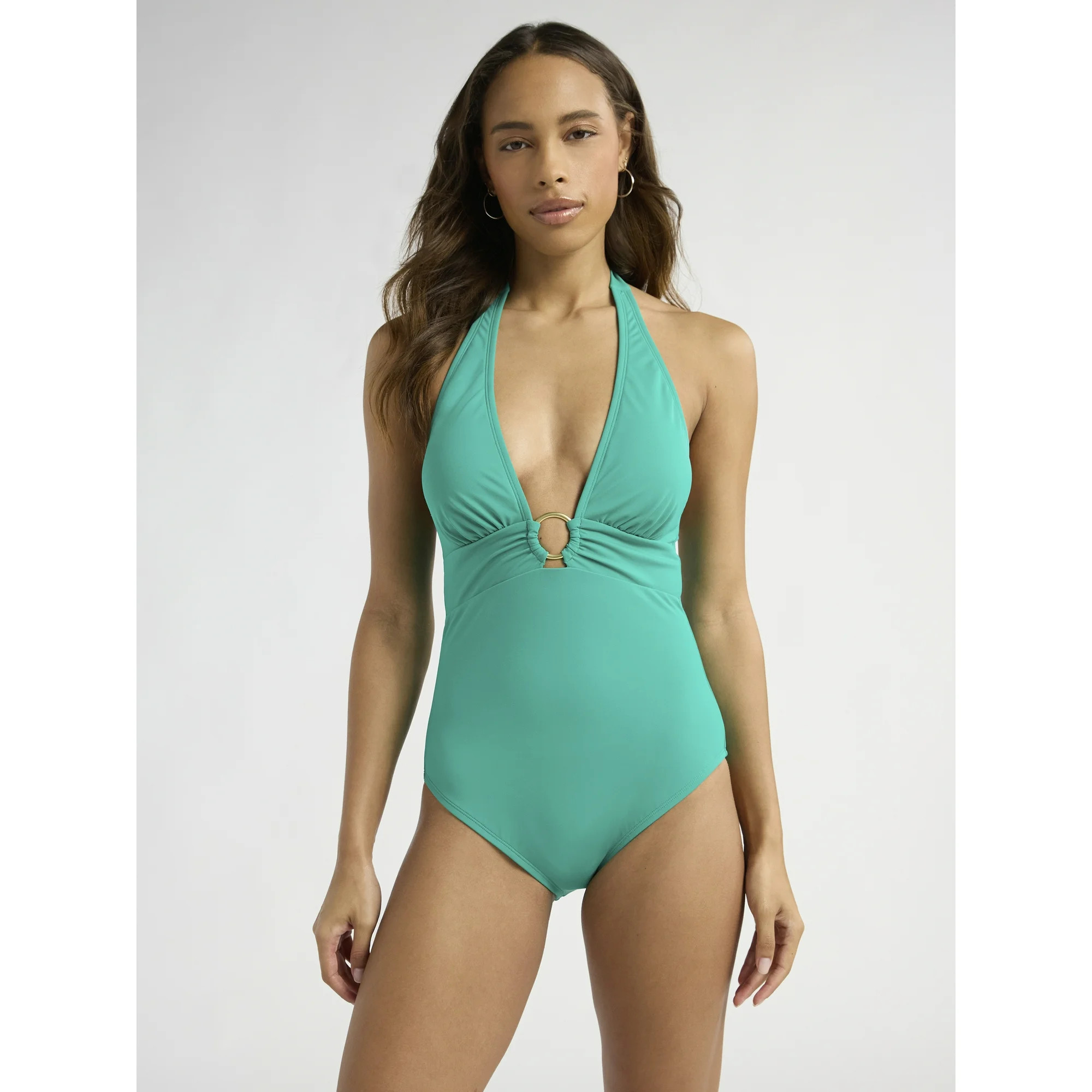 Sofia by Sofia Vergara Women's and Women's Plus Ring Front Plunge Halter One Piece with Curvetex... | Walmart (US)